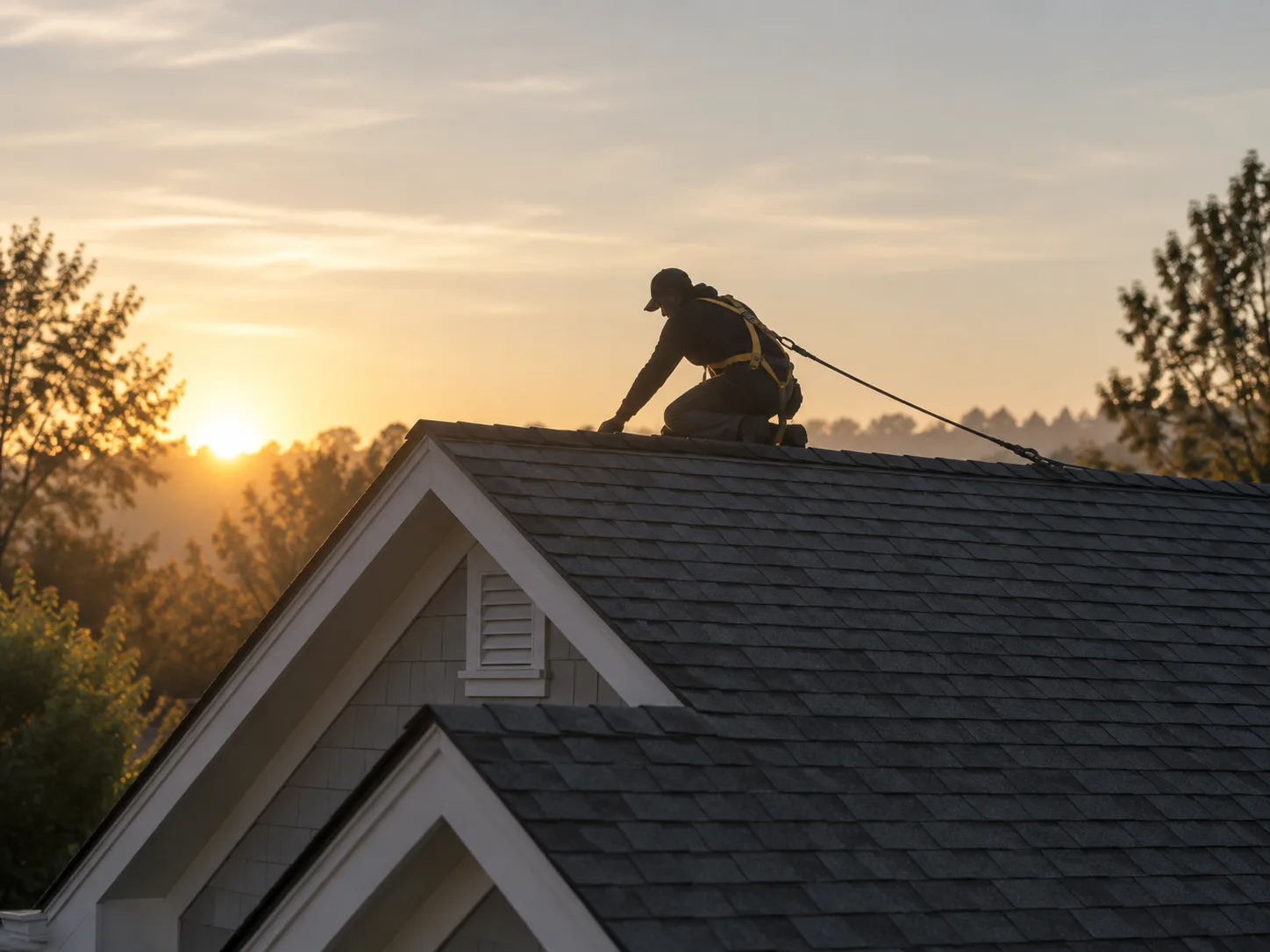 Illustrative backlit roofer at a shingle roof ridge at sunrise