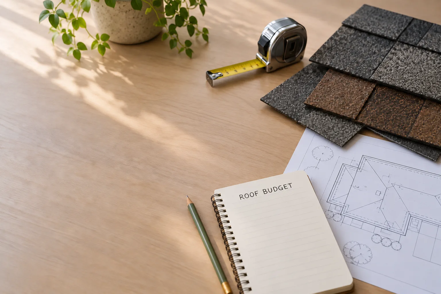 Illustrative roof budget notebook, measuring tape, plan and shingle samples