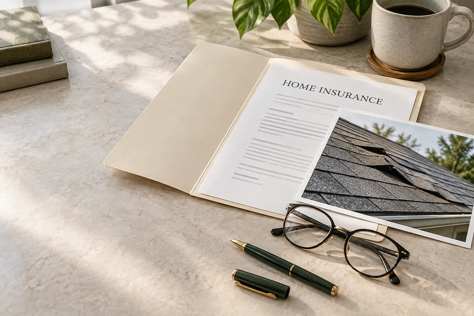 Illustrative home insurance folder beside a photograph of wind-lifted shingles