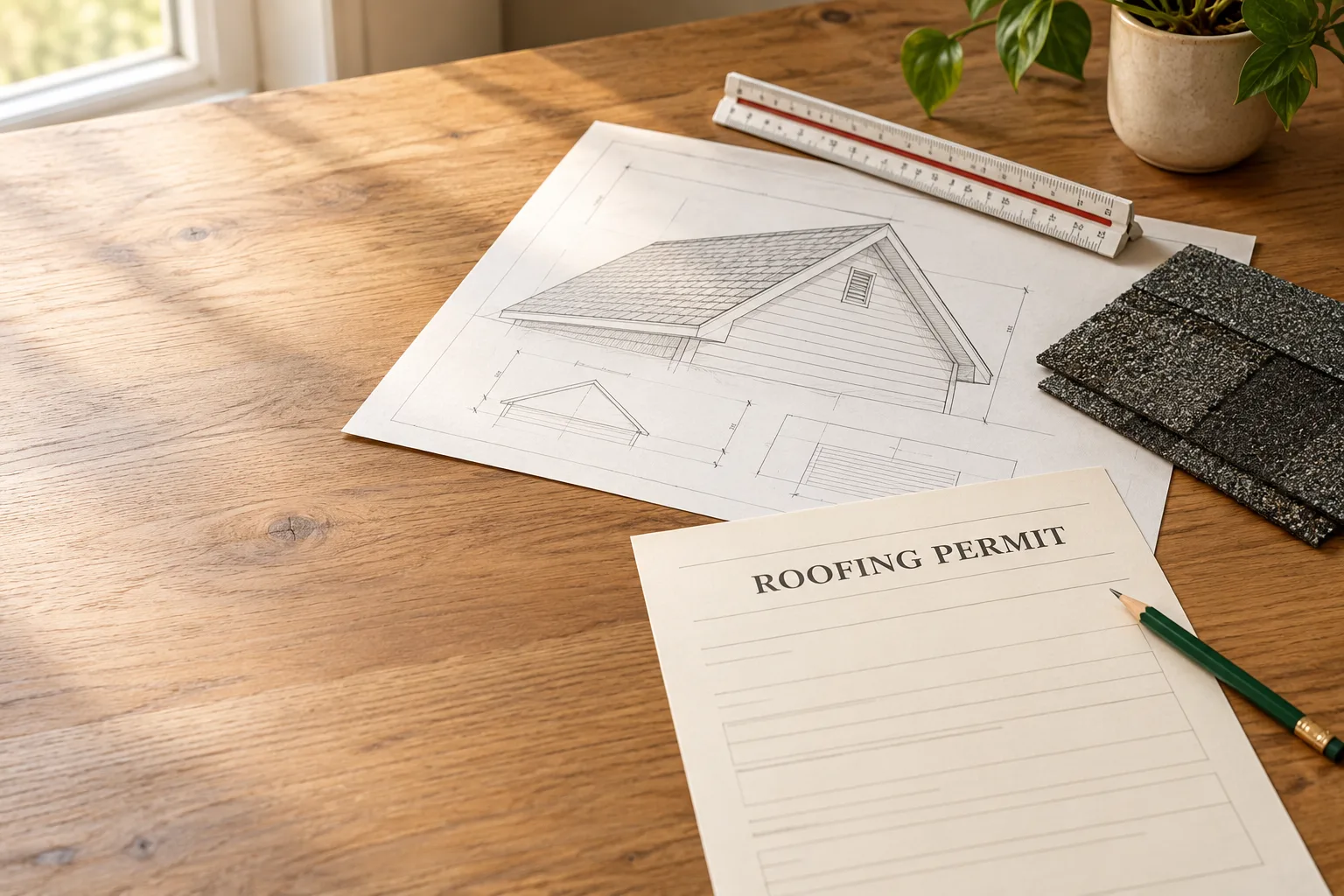 Illustrative roofing permit document, roof plan, scale and shingle sample on a desk