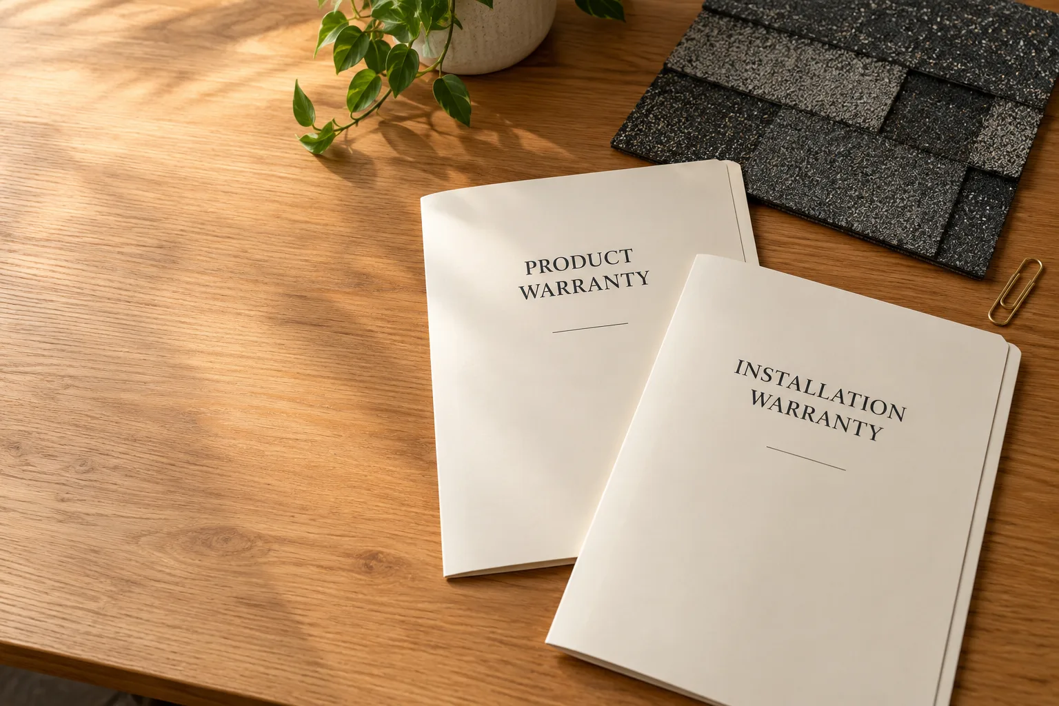 Illustrative product warranty and installation warranty folders beside a shingle sample