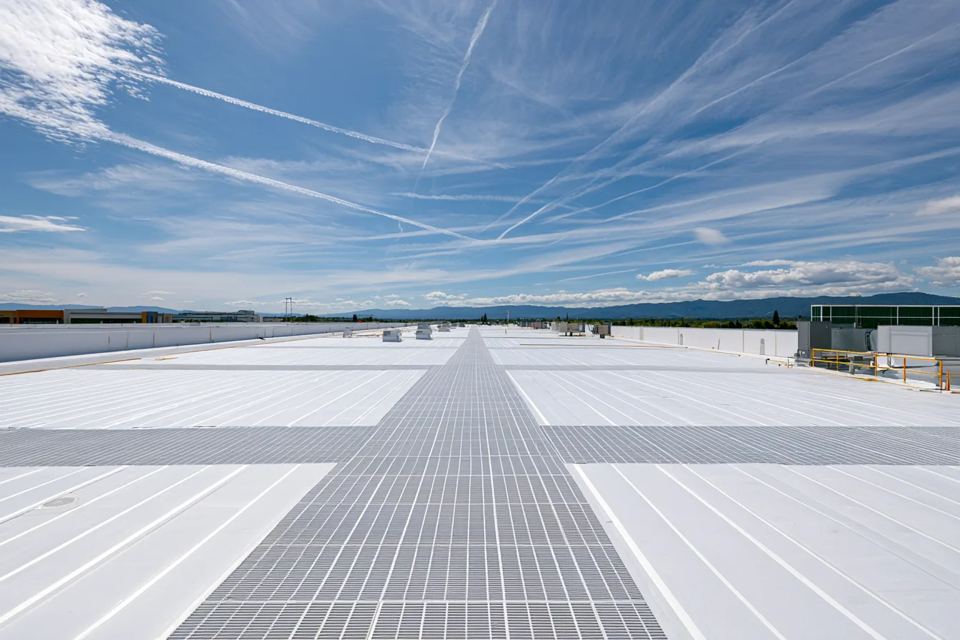 White commercial roof with a gray access walkway and rooftop equipment
