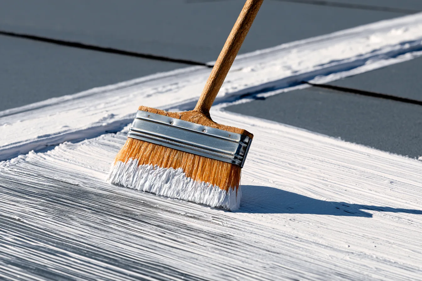 Brush applying white roof coating along a roof seam