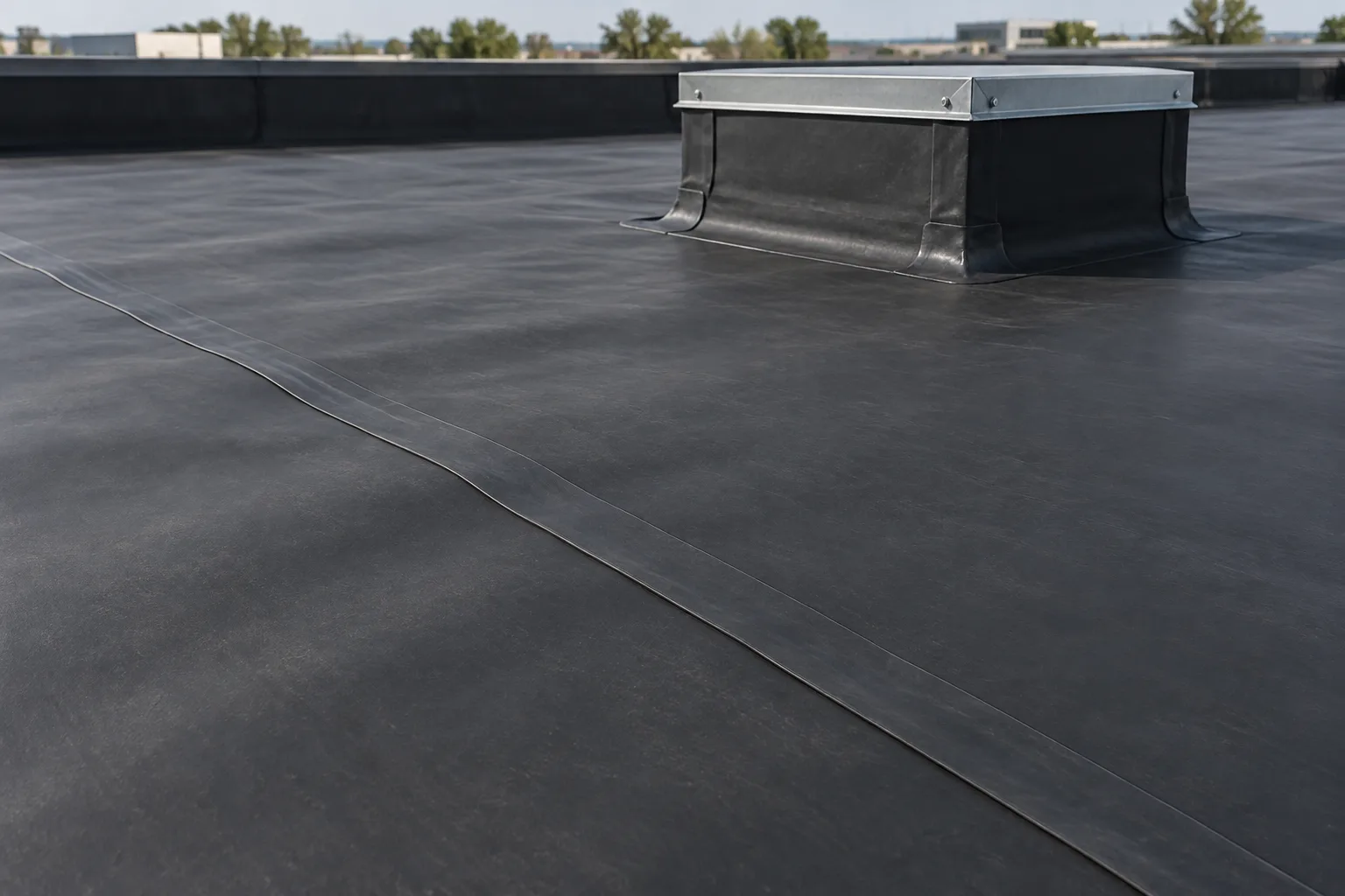 Black EPDM roof with a sealed overlap seam and flashing around an equipment curb